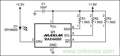 圖1:MAX44000典型電路,包括LED