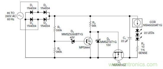 圖1：電路以恒流驅(qū)動一串LED，可用于全世界的各種交流電壓
