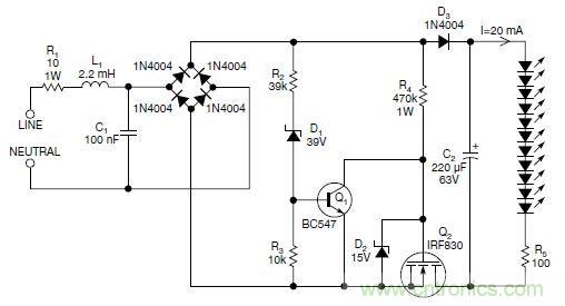 圖2：斬波工作類似圖1中的電路，但以較大的LED串聯(lián)電阻代替了恒流源，提供限流功能