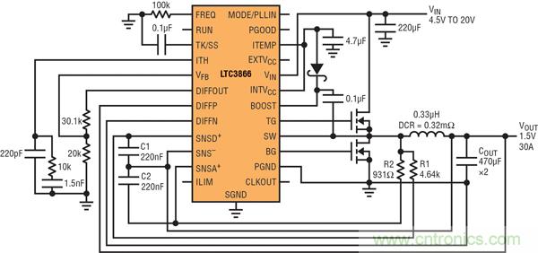 圖2：以非常低的DCR完成采樣的高效率、1.5V/30A降壓型轉換器