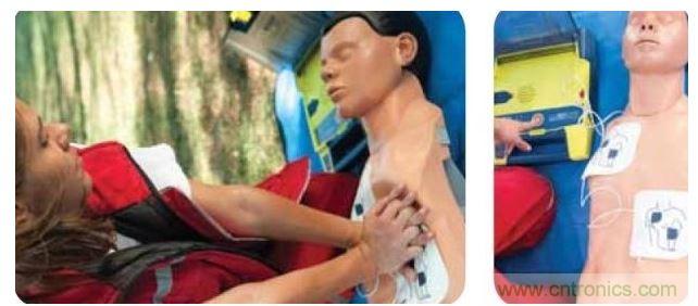 胸部按壓CPR(左圖)迫使血液循環，為大腦及其它生命器官供血，直到AED重啟心臟(右圖)。