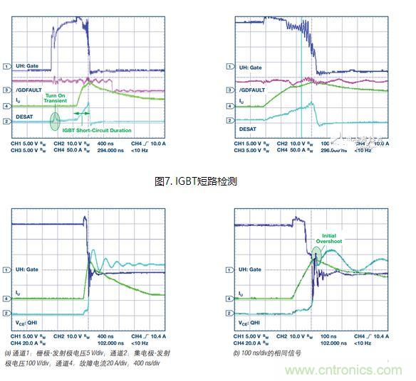 過流關斷時序延遲（通道1：柵極-發射極電壓10 V/div；通道2：來自 控制器的PWM信號5 V/div；通道3：低電平有效跳變信號5 V/div；100 ns/div）