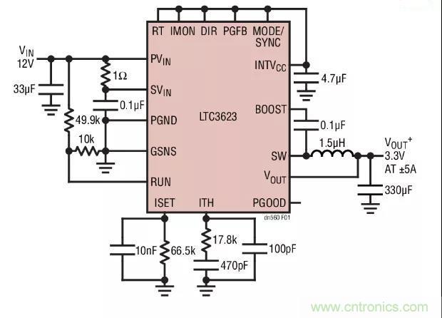 高效率、15V 軌至軌輸出同步降壓型穩壓器能提供或吸收 5A